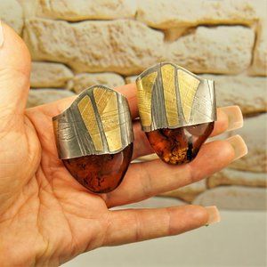 OOAK GIANT AMBER 925 SILVER OMEGA EARRINGS, RARE GIFT FOR WOMEN